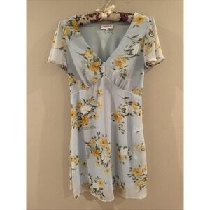 Gilli Floral Babydoll Dress Size Small Light Blue Yellow Short Sleeve Coastal